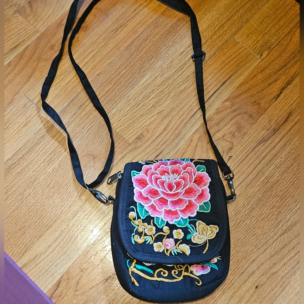 Embroidered Black Floral Crossbody Bag -  Perfect For Concerts